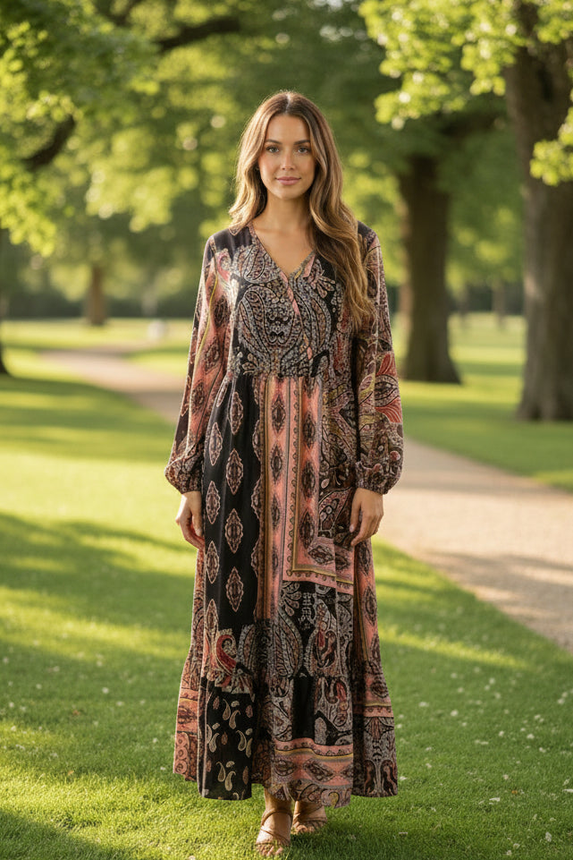 Bloom Chic Mixed‑Print Midi Dress